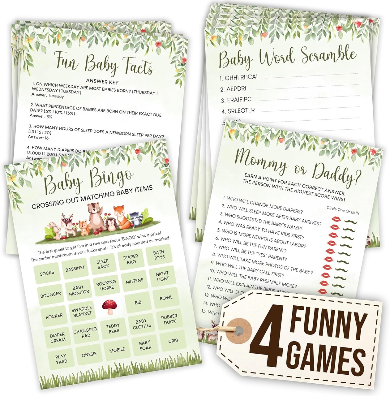 Boy’s Forest Baby Shower Game Set – Bingo, Word Scramble & More for 25 Guests